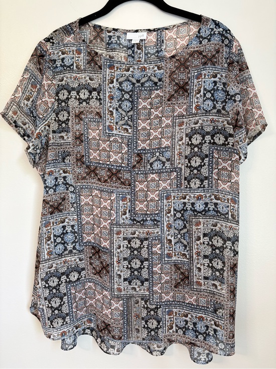 J. Jill Tops - J. Jill Floral Mosaic Sheer Short-Sleeve Patchwork Print Shirt sz L